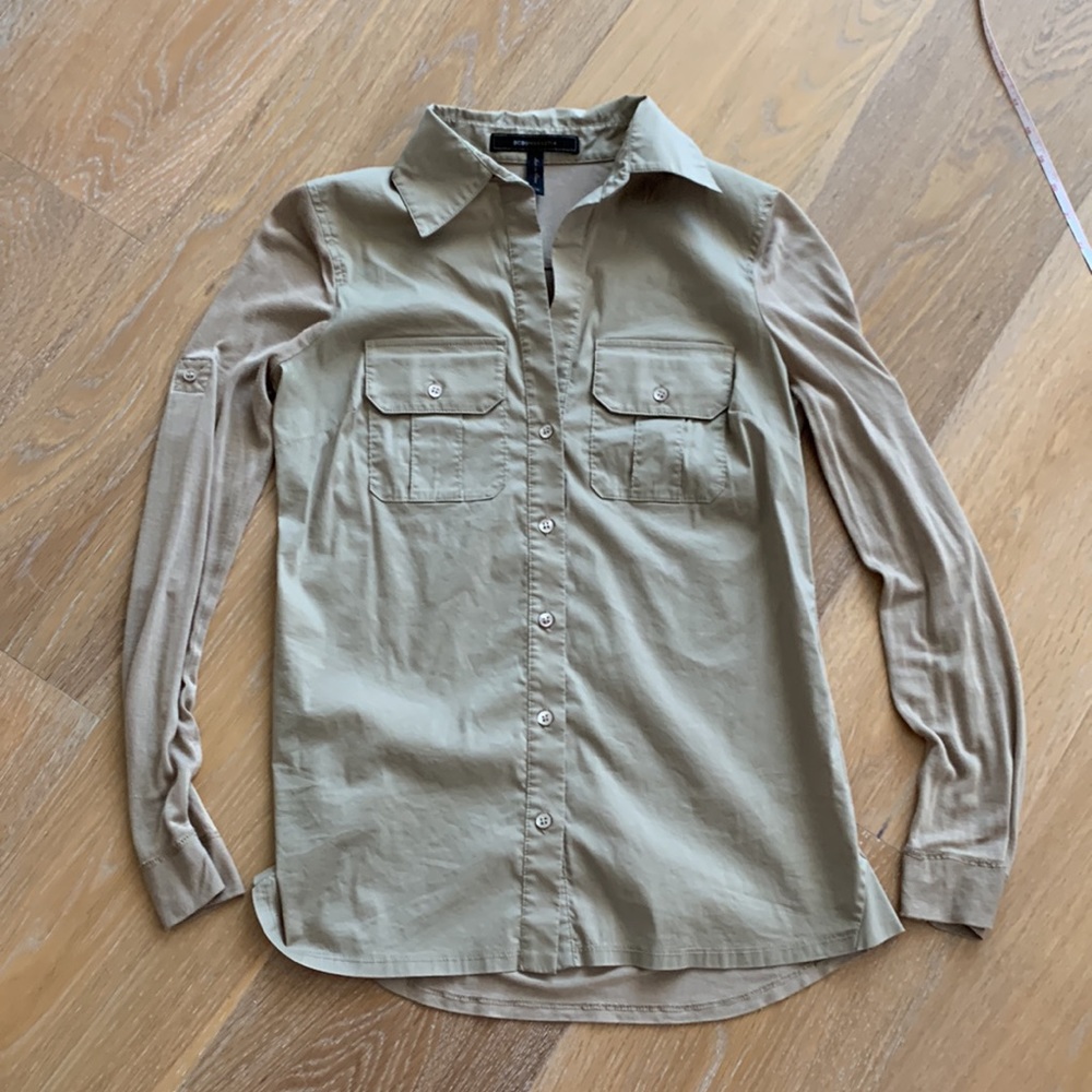 BCBGMaxAzria long sleeve button down khaki size